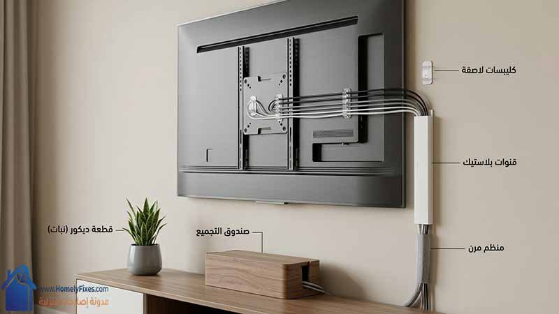 ادوات اخفاء اسلاك التلفزيون تشمل القنوات البلاستيكية والكليبسات ومنظم الكابلات