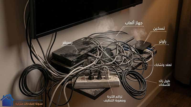 كركبة اسلاك التلفزيون خلف الشاشة وتراكم الاتربة وتعقد الكابلات
