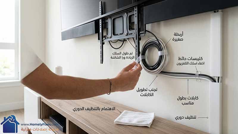 استخدام الاربطة البلاستيكية والتنظيف الدوري لاسلاك التلفزيون خلف الشاشة