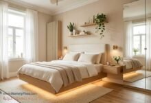 ديكور غرفة النوم الصغيرة للمتزوجين 2026 بألوان فانيلا لاتيه مع سرير مودرن طائر ومرايات كبيرة لتوسيع المساحة بصرياً.