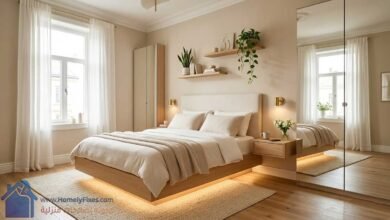 ديكور غرفة النوم الصغيرة للمتزوجين 2026 بألوان فانيلا لاتيه مع سرير مودرن طائر ومرايات كبيرة لتوسيع المساحة بصرياً.