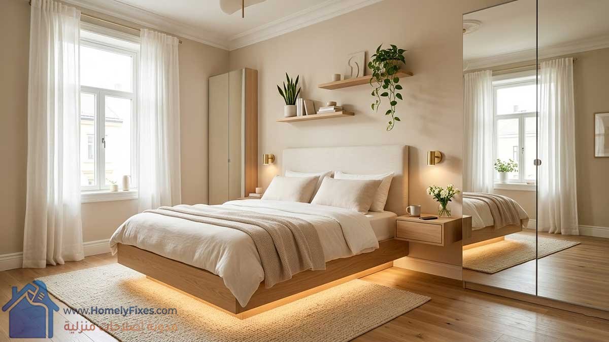 ديكور غرفة النوم الصغيرة للمتزوجين 2026 بألوان فانيلا لاتيه مع سرير مودرن طائر ومرايات كبيرة لتوسيع المساحة بصرياً.