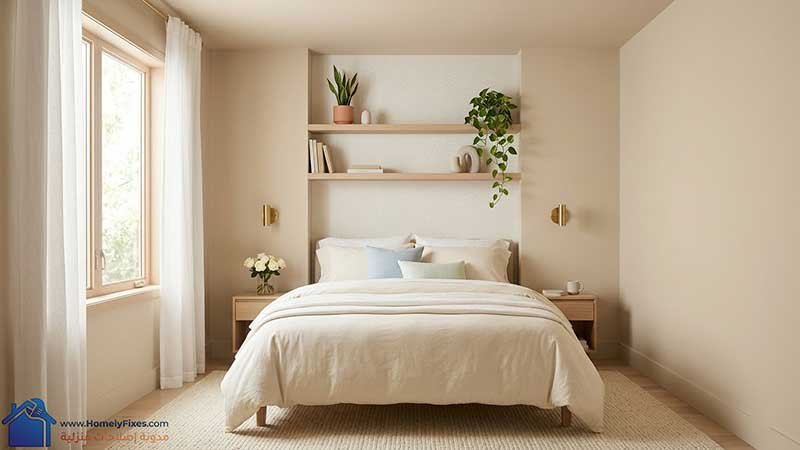 ديكور غرفة نوم صغيرة مودرن بطلاء حوائط مطفي لون فانيلا لاتيه مع لمسات باستيل هادئة وورق حائط بسيط لتوسيع المساحة بصرياً.