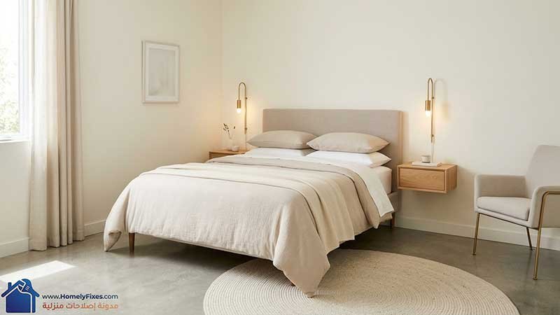 سرير مودرن بظهر منخفض وبسيط في غرفة نوم صغيرة مع كومودينو معلق لتوفير مساحة الأرضية وأثاث بأرجل رفيعة.