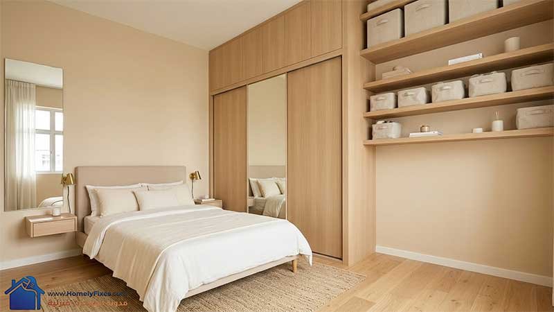 ديكور غرفة نوم صغيرة بذكاء مع دولاب مدمج يمتد للسقف وأرفف عالية للتخزين الرأسي لتوفير مساحة الأرضية.