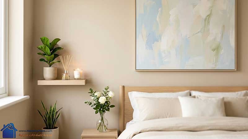 لمسات ديكور رقيقة لغرفة نوم صغيرة تشمل لوحة فنية كبيرة ونباتات خضراء طبيعية وشموع عطرية لجو هادئ ورومانسي.