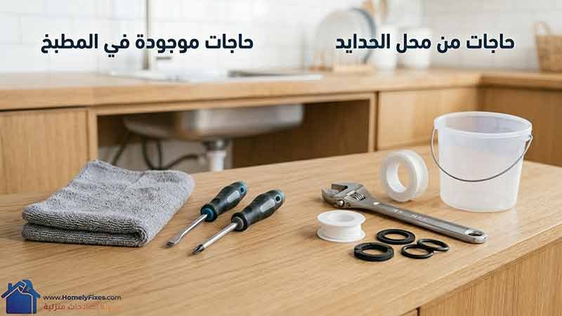 ادوات اصلاح تسريب حوض المطبخ تشمل مفتاح ربط ومفك وشريط تفلون وجوانات كاوتش مع فوطة تنظيف وجردل صغير