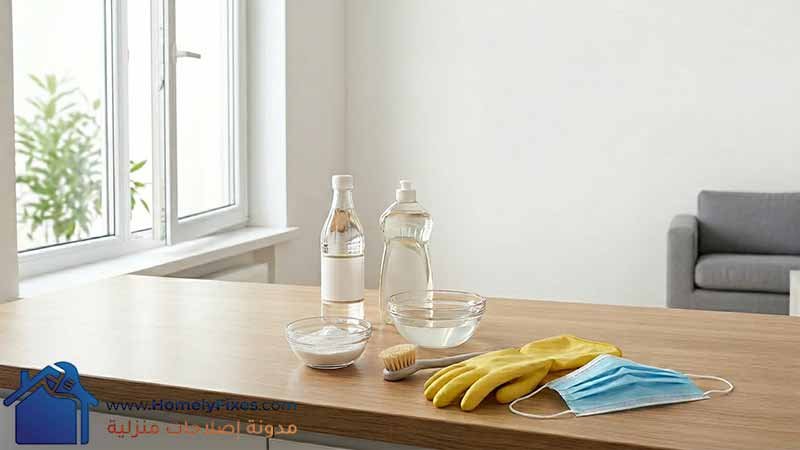 ادوات السلامة الصحية الجوانتي والكمامة وقت تنظيف الكنب.