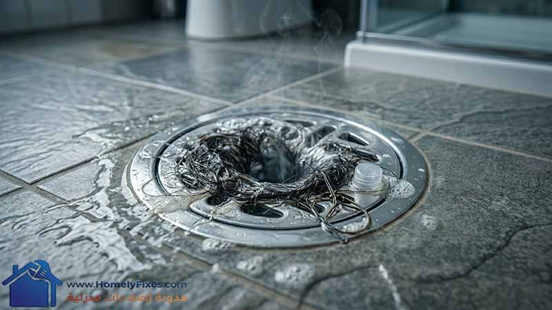 لقطة مقربة (Close-up) حقيقية تظهر بالوعة حمام أرضية مسدودة بكتل كثيفة ومشتبكة من الشعر الداكن، مع بقايا صابون لزجة وغطاء زجاجة شامبو صغير عند حافة البالوعة المبللة، مما يوضح أسباب الانسداد وضرورة تسليك بالوعة الحمام.