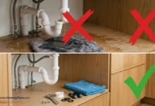 اصلاح تسريب الحوض تحت المطبخ: صورة "قبل وبعد" توضح مشكلة تسرب المياه من الأنابيب (يسار) وحلها عن طريق شد الوصلات واستخدام التفلون (يمين)، مع أدوات صيانة بسيطة.