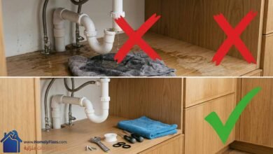 اصلاح تسريب الحوض تحت المطبخ: صورة "قبل وبعد" توضح مشكلة تسرب المياه من الأنابيب (يسار) وحلها عن طريق شد الوصلات واستخدام التفلون (يمين)، مع أدوات صيانة بسيطة.