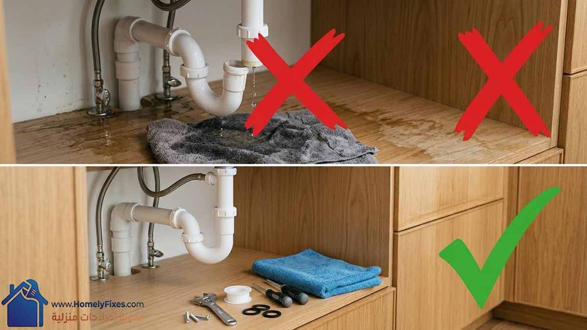 اصلاح تسريب الحوض تحت المطبخ: صورة "قبل وبعد" توضح مشكلة تسرب المياه من الأنابيب (يسار) وحلها عن طريق شد الوصلات واستخدام التفلون (يمين)، مع أدوات صيانة بسيطة.
