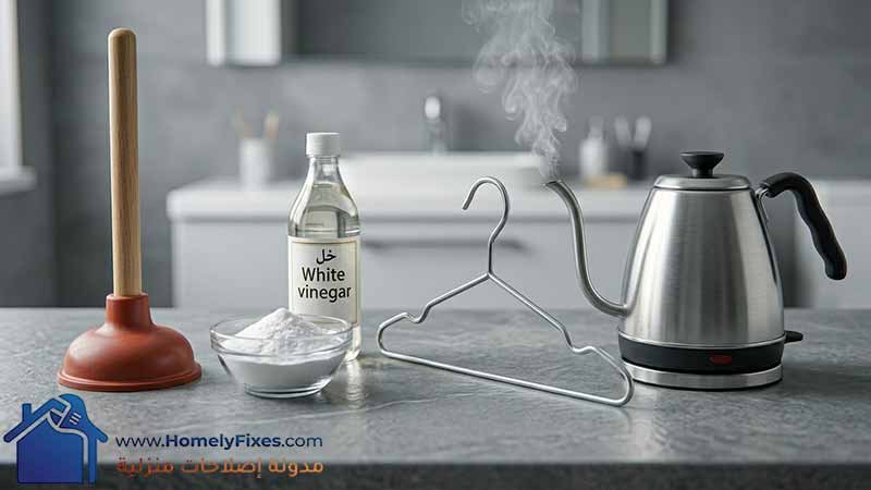 عرض عملي وواقعي لأربعة أدوات منزلية أساسية تُستخدم في تسليك بالوعة الحمام: سلاكة جلدية حمراء، طبق به بيكنج صودا (كربوناتو) وزجاجة خل، علاقة ملابس معدنية مشكلة كخطاف، وغلاية مياه كهربائية يتصاعد منها البخار، مرتبة على رف حمام رمادي نظيف، لضمان تسليك بالوعة الحمام بسهولة.