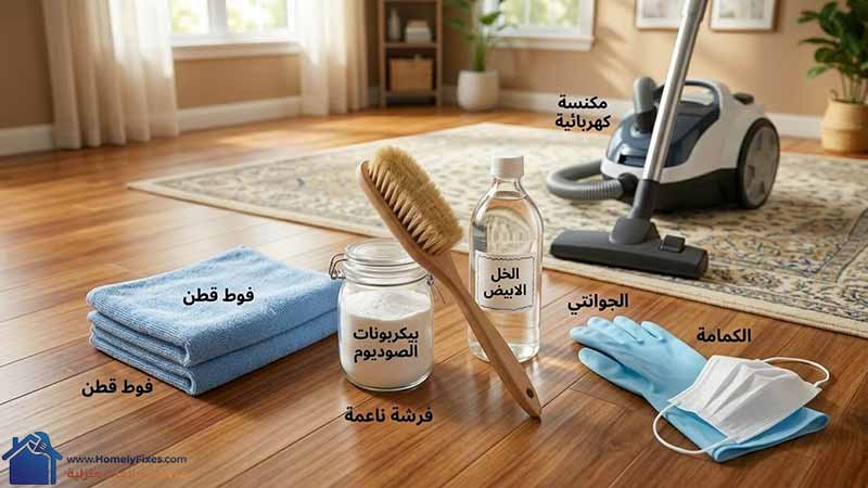 صورة توضح الأدوات اللازمة لتنظيف السجاد في المنزل: مكنسة كهربائية، زجاجة خل أبيض، جرة بيكربونات صوديوم، فرشاة ناعمة، فوط قطن زرقاء، وقفازات وكمامة للحماية.