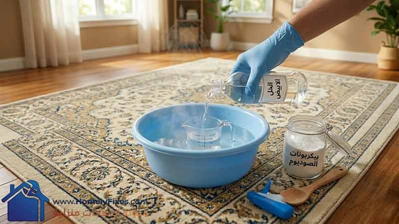 تحضير محلول تنظيف السجاد اليدوي عبر صب الخل الأبيض من زجاجة في وعاء ماء دافئ، مع جرة بيكربونات صوديوم بجانبها على السجادة المزخرفة.