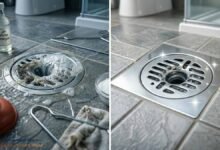 صورة مقارنة "قبل وبعد" تُظهر بالوعة حمام أرضية مسدودة ومغمورة بالمياه والشعر في الجانب الأيسر، وبالوعة نظيفة ولامعة تماماً في الجانب الأيمن بعد التسليك باستخدام الطرق المنزلية.