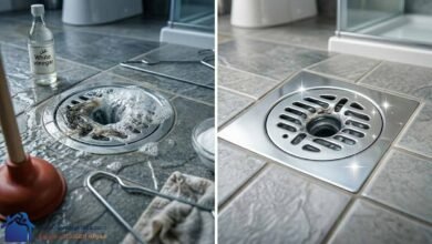 صورة مقارنة "قبل وبعد" تُظهر بالوعة حمام أرضية مسدودة ومغمورة بالمياه والشعر في الجانب الأيسر، وبالوعة نظيفة ولامعة تماماً في الجانب الأيمن بعد التسليك باستخدام الطرق المنزلية.