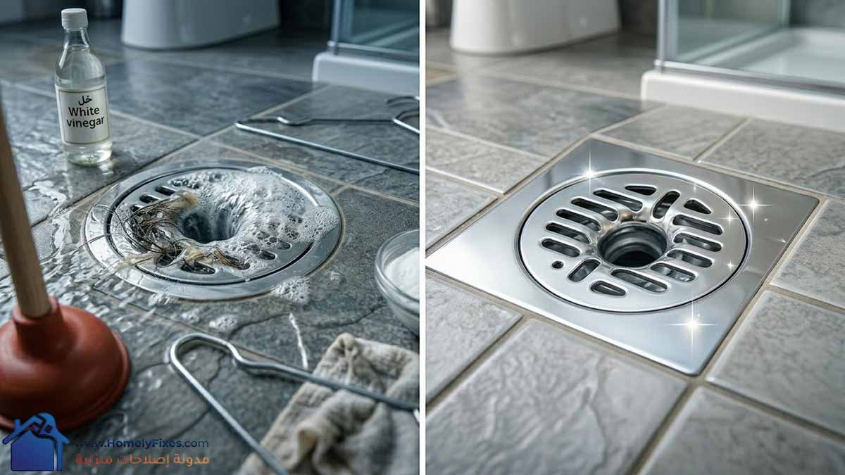 صورة مقارنة "قبل وبعد" تُظهر بالوعة حمام أرضية مسدودة ومغمورة بالمياه والشعر في الجانب الأيسر، وبالوعة نظيفة ولامعة تماماً في الجانب الأيمن بعد التسليك باستخدام الطرق المنزلية.