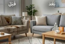 صورة توضح نتيجة قبل وبعد تنظيف الكنب باستخدام بيكربونات الصوديوم.
