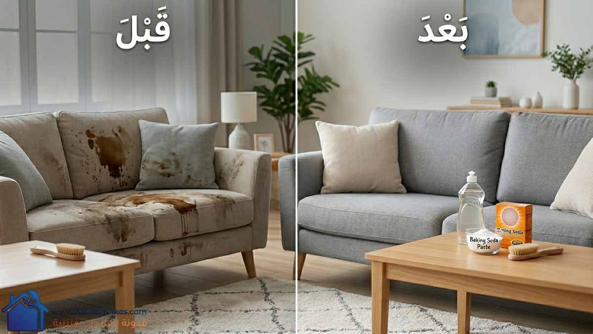 صورة توضح نتيجة قبل وبعد تنظيف الكنب باستخدام بيكربونات الصوديوم.