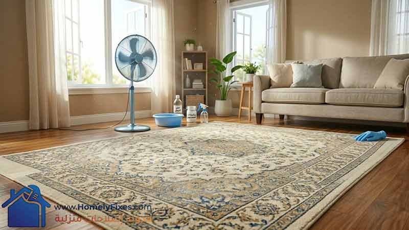مشهد يظهر تهوية الصالون بشكل جيد بعد الانتهاء من تنظيف السجاد، مع فتح النوافذ وتشغيل المروحة لضمان جفاف السجادة تماماً قبل استخدامها.