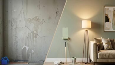 صورة مصغرة توضح الفرق بين حائط صالون تالف ومشقق قبل الدهان وحائط ناعم ونظيف بعد تطبيق طرق حماية دهانات الحوائط.