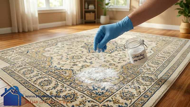 صورة توضح عملية رش مسحوق بيكربونات الصوديوم على بقع السجادة المزخرفة كخطوة أولية فعالة في تنظيف السجاد اليدوي للتخلص من الروائح والدهون.