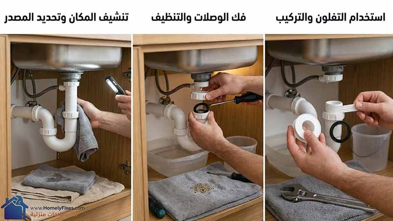 ثلاث صور توضح مراحل اصلاح تسريب حوض المطبخ: تجفيف وتحديد التسريب، فك الوصلات لتنظيف الجوانات، واستخدام شريط التفلون عند إعادة التركيب.