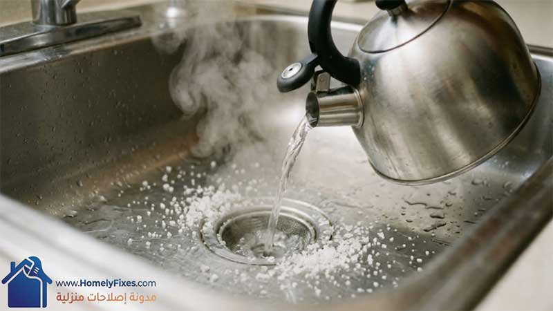 تسليك حوض المطبخ باستخدام الماء المغلي والملح لتفتيت الدهون