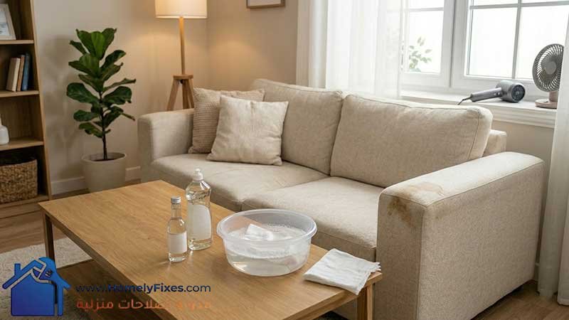 ادوات تنظيف منزلية قدام كنبة فاتحة فيها بقعة