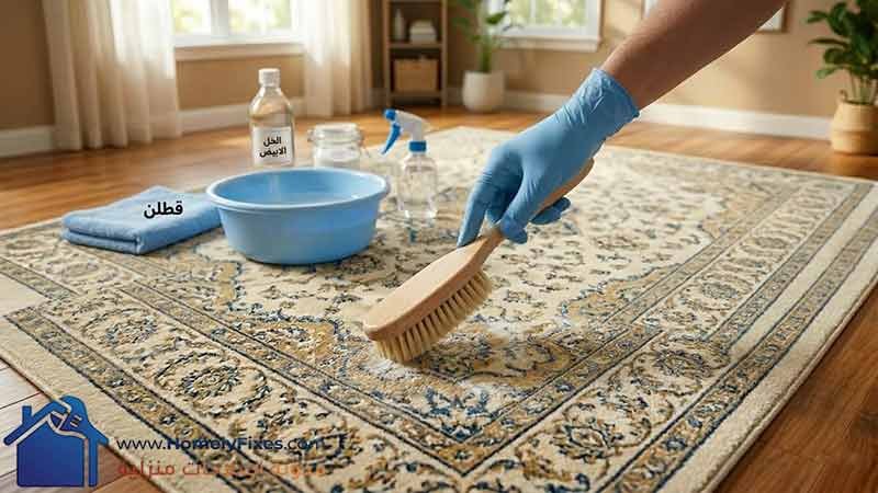 صورة توضح عملية فرك وبرة السجادة المزخرفة بفرشاة صغيرة ناعمة مبللة بمحلول لتنظيف البقع العميقة ضمن عملية تنظيف السجاد اليدوية.