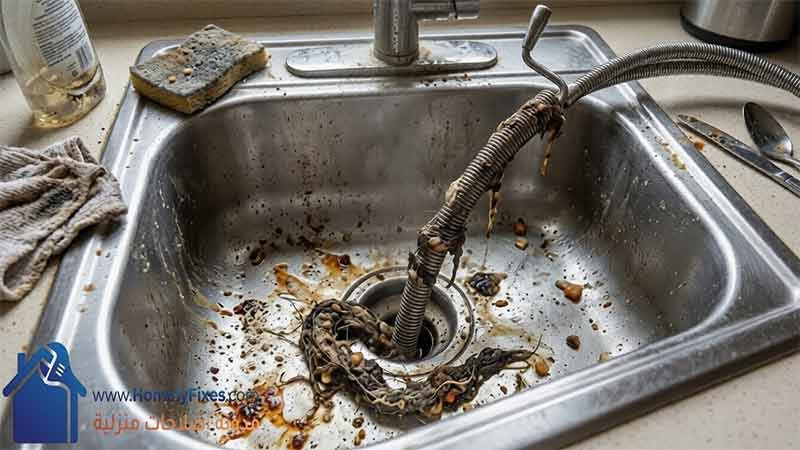 طريقة تسليك حوض المطبخ باستخدام السلك المعدني المرن لسحب الاوساخ والدهون من المواسير