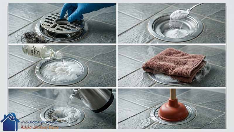 عرض عملي وواقعي لخطوات تسليك بالوعة الحمام الأربعة: لقطة مقربة تُظهر الأدوات الأربعة (سلاكة جلدية، بيكنج صودا وخل، علاقة ملابس معدنية، وغلاية مياه) مرتبة على رف حمام رمادي نظيف، وجاهزة لتنفيذ طرق تسليك بالوعة الحمام بسهولة في المنزل.