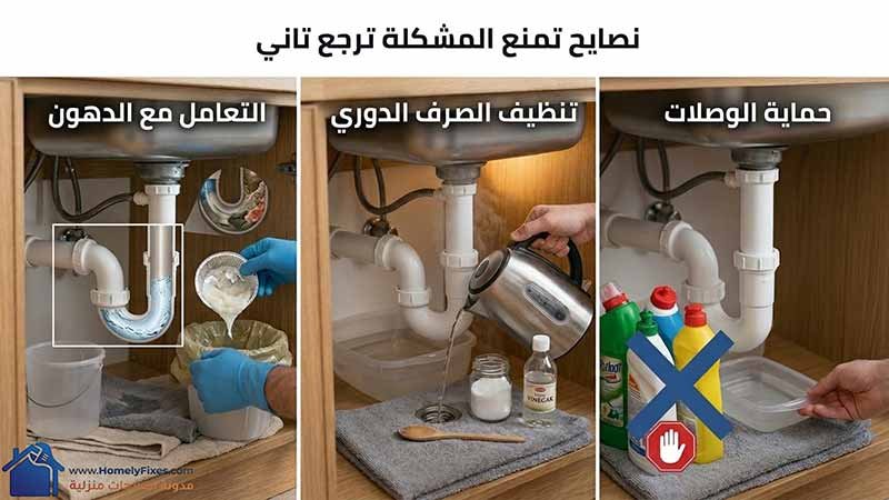 ثلاث صور توضيحية لنصائح صيانة حوض المطبخ: الأولى تظهر التخلص الصحيح من الدهون في سلة المهملات، والثانية عملية تنظيف الصرف الدوري بالماء المغلي والملح والخل، والثالثة تحذير من وضع المنظفات القوية بجوار الوصلات البلاستيك لحمايتها.