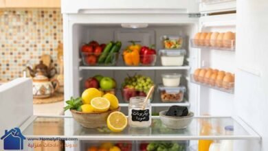 صورة ثلاجة نظيفة ومفتوحة توضح طرق ازالة روائح الثلاجة الكريهة باستخدام الليمون والبيكربونات والفحم النباتي