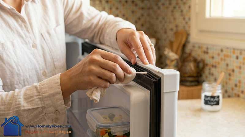 صورة لإيد ست بيت مصرية ماسكة قماشة ناعمة وبتمسح بعناية بين ثنيات كاوتش باب الثلاجة لضمان ازالة روائح الثلاجة الكريهة من الجذور