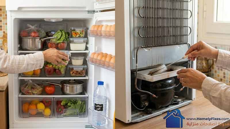 صورة لإيد ست بيت مصرية بتنظف ثنيات وعاء التبخير الخلفي فوق موتور الثلاجة بفرشة صغيرة، وجزء يوضح زحمة الأكل الخلفية لضمان ازالة روائح الثلاجة الكريهة من الجذور