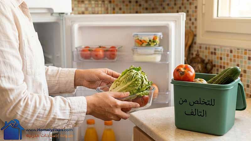 صورة لإيد ست بيت مصرية بتفرز الخضار وبترمي حبة طماطم دبلانة في صندوق التخلص من التالف لضمان ازالة روائح الثلاجة الكريهة من الجذور