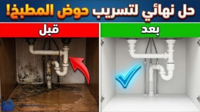 صورة مصغرة توضح مقارنة "قبل وبعد" لإصلاح تسريب حوض المطبخ. الجانب الأيمن يظهر حوضاً قديماً متهالكاً ومتسخاً مع وجود تسريب مياه وبقع تعفن على الخشب، بينما يظهر الجانب الأيسر نفس الحوض بعد التجديد، نظيفاً تماماً مع مواسير جديدة وعلامة صح زرقاء ترمز للنجاح.