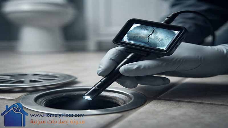 لقطة مقربة لفحص احترافي لبالوعة الأرضية في الحمام باستخدام منظار الكاميرا البوري (Borescope) لتشخيص سبب استمرار رائحة المجاري في الحمام.
